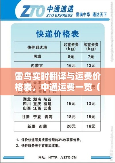 雷鸟实时翻译与运费价格表，中通运费一览（2016版）